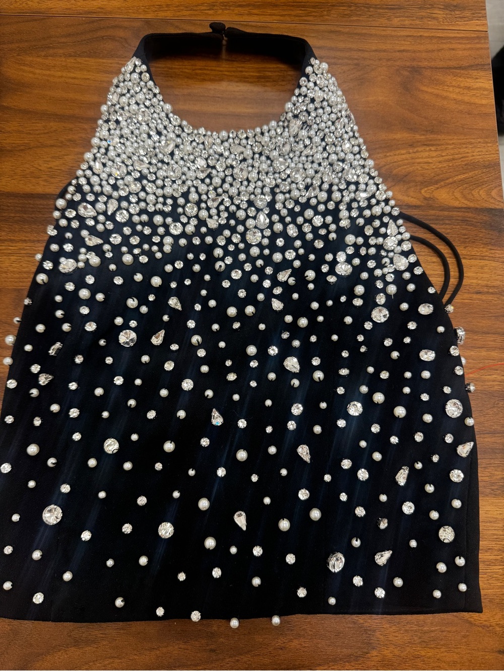 Alice + Olivia Black Halter Dress with Crystal and Pearl Embellishments